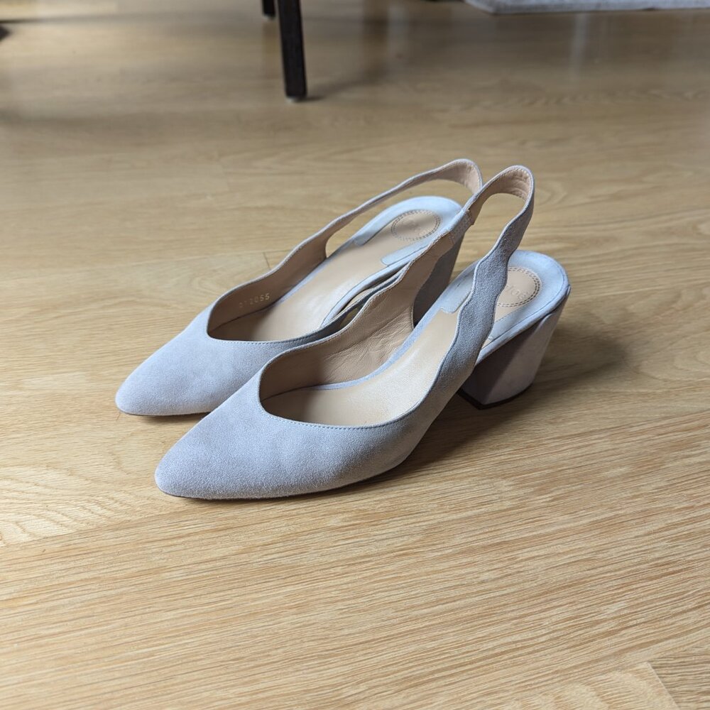 Pearly scalloped suede Chloe slingbacks low block heel